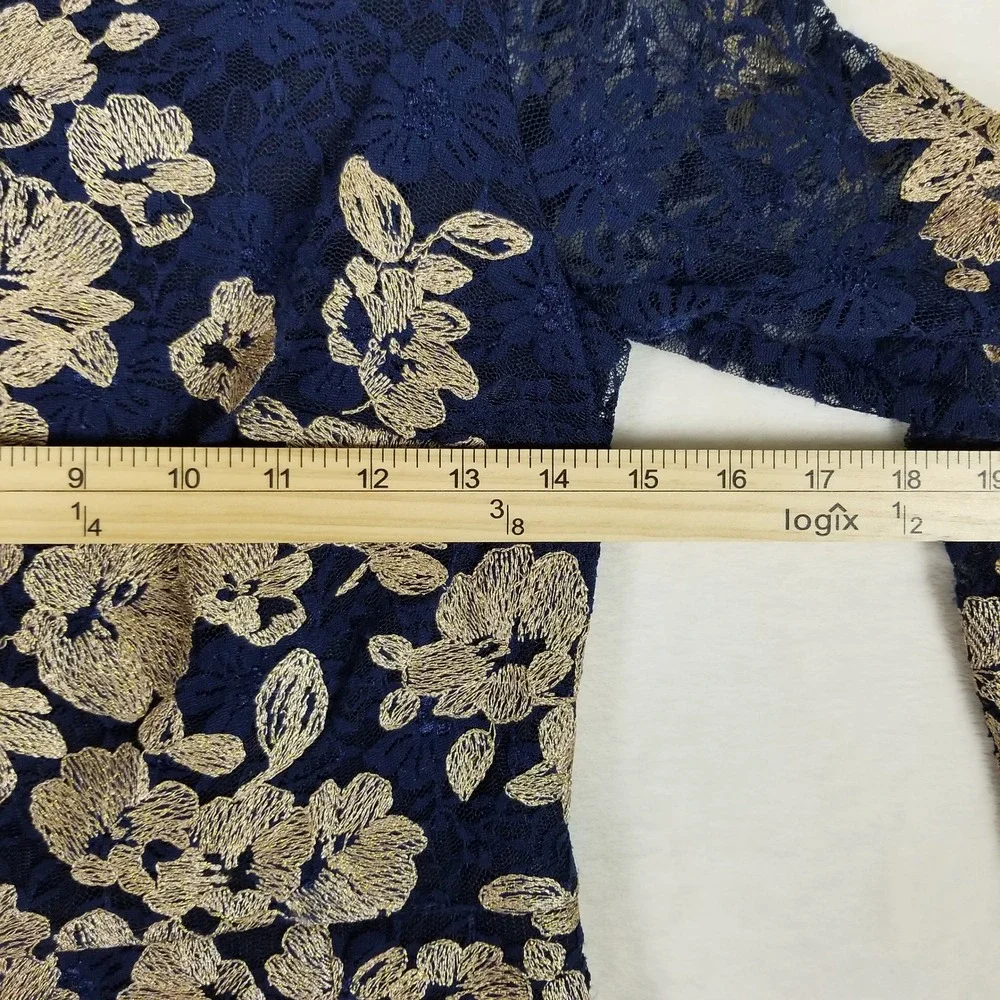 XSCAPE Sheath Dress Women 8P Navy Gold Floral Lace Embroidered Long Sleeve 163XP